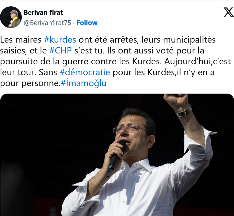 Berivan Firat :  Sans #démocratie pour les Kurdes,il n’y en a pour personne.#İmamoğlu