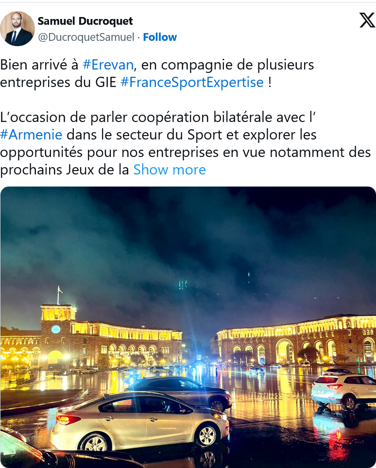 Samuel Ducroquet : Bien arrivé à #Erevan, en compagnie de plusieurs entreprises du GIE #FranceSportExpertise !