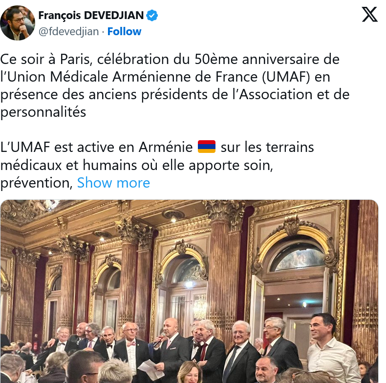 F. Devedjian : célébration du 50ème anniversaire de l’Union Médicale Arménienne de France (UMAF)