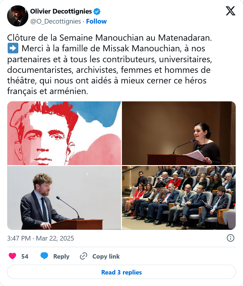 O. Decottignies : Clôture de la Semaine Manouchian au Matenadaran