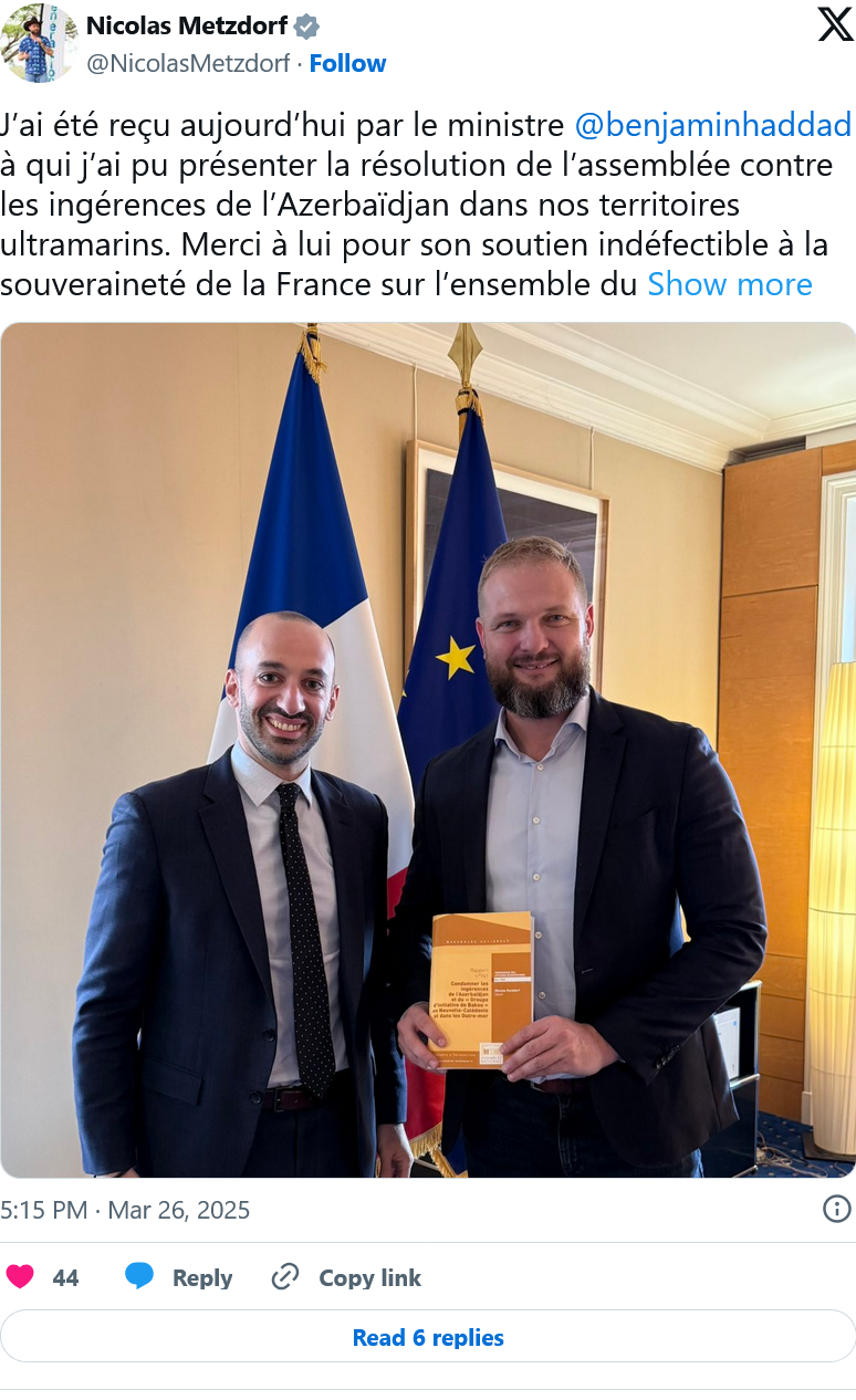 N. Metsdorf : la résolution de l’assemblée contre les ingérences de l’Azerbaïdjan dans nos territoires ultramarins