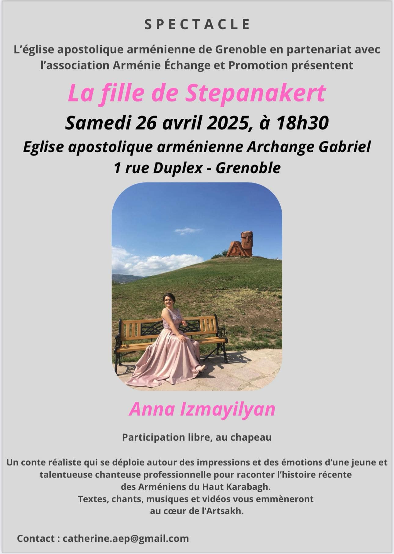 Spectacle « La fille de Stepanakert » avec la chanteuse de l’Artsakh Anna Izmayilyan ce samedi 26 avril à l’Église apostolique arménienne Archange Gabriel à Grenoble