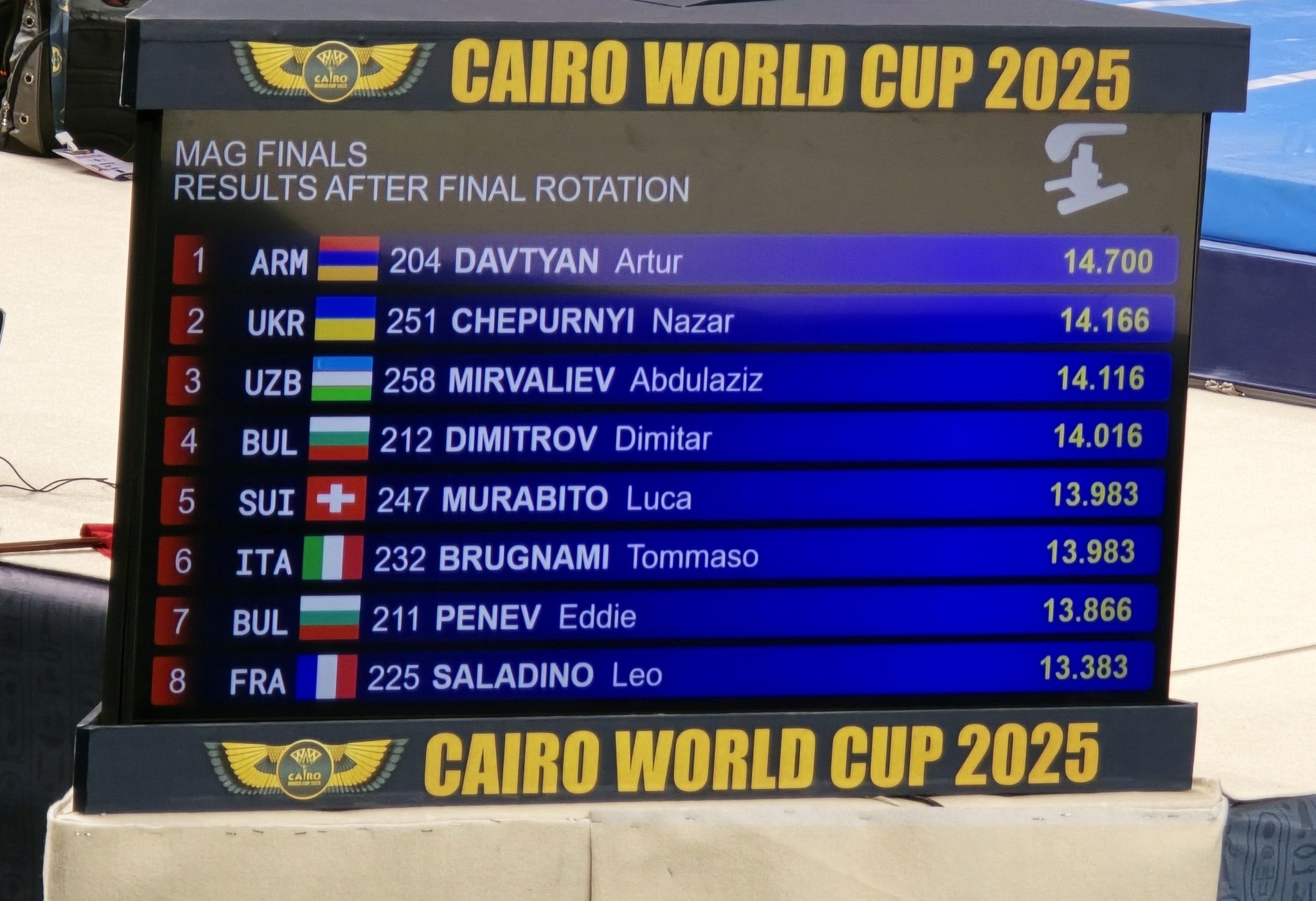 Artur Davtyan (Arménie), vainqueur du saut de cheval du 6e tour de la Coupe du monde de gymnastique au Caire