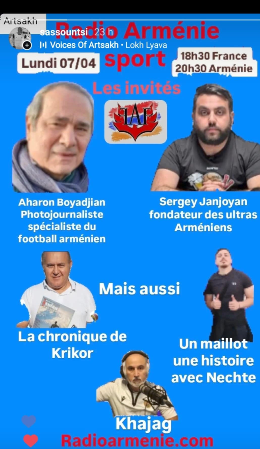 Sergey Janoyan fondateur du FAF et Aharon Boyadjian spécialiste du football arménien invités de l’émission Sport de Radio Arménie ce lundi