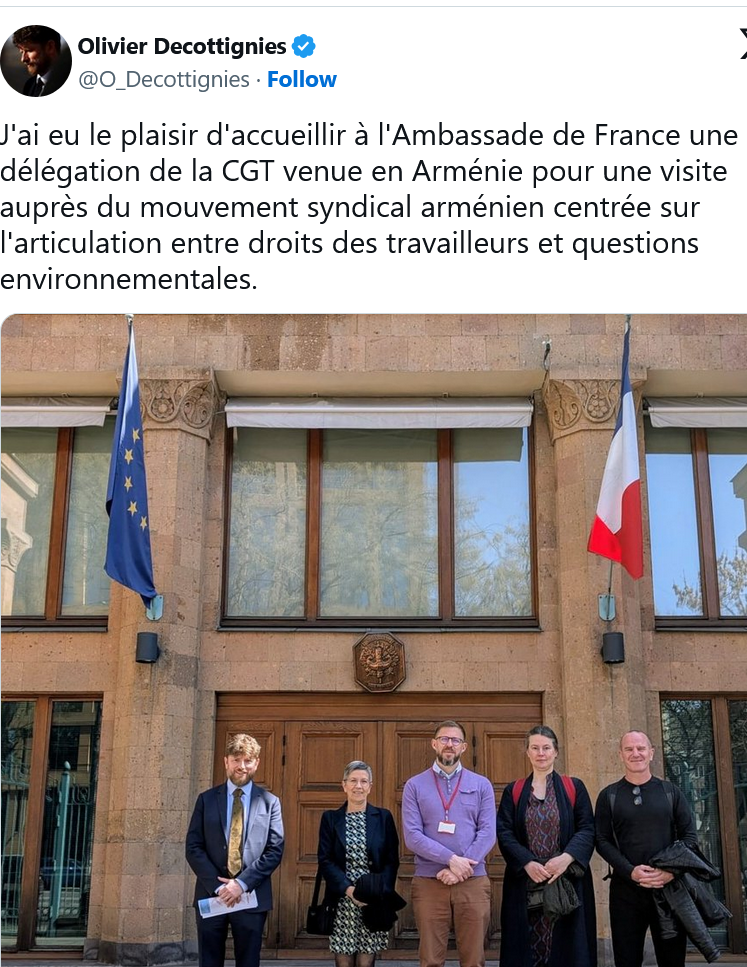O. Decottignies : J&rsquo;ai eu le plaisir d&rsquo;accueillir à l&rsquo;Ambassade de France une délégation de la CGT