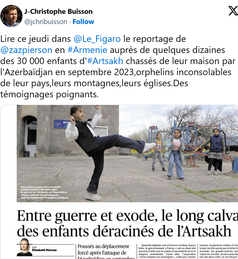 J.C. Buisson : Lire ce jeudi dans @Le_Figaro  le reportage sur les enfants d&rsquo;Artsakh