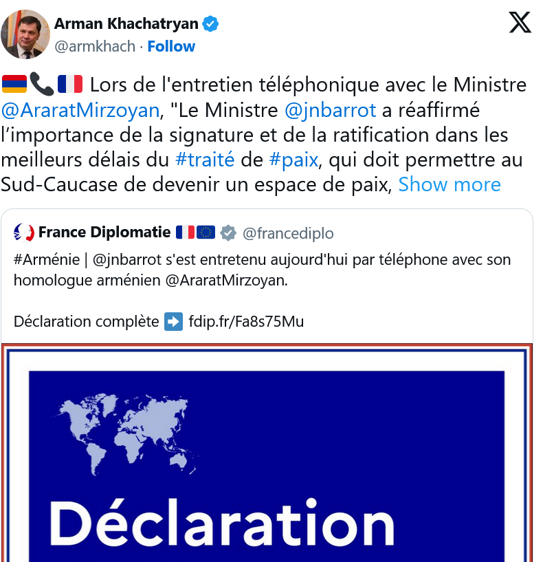 A. Khachatryan : Le Ministre @jnbarrot  a réaffirmé l’importance de la signature et de la ratification du #traité de #paix,