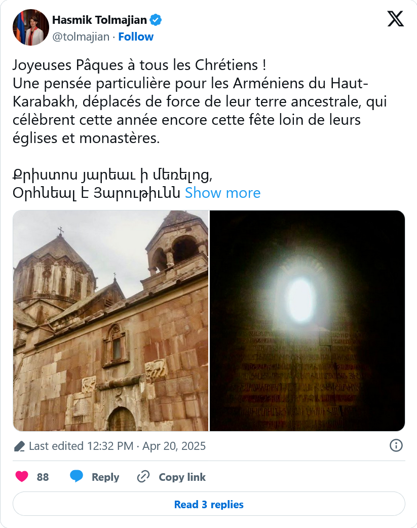 H. Tolmajian : Une pensée particulière pour les Arméniens du Haut-Karabakh,