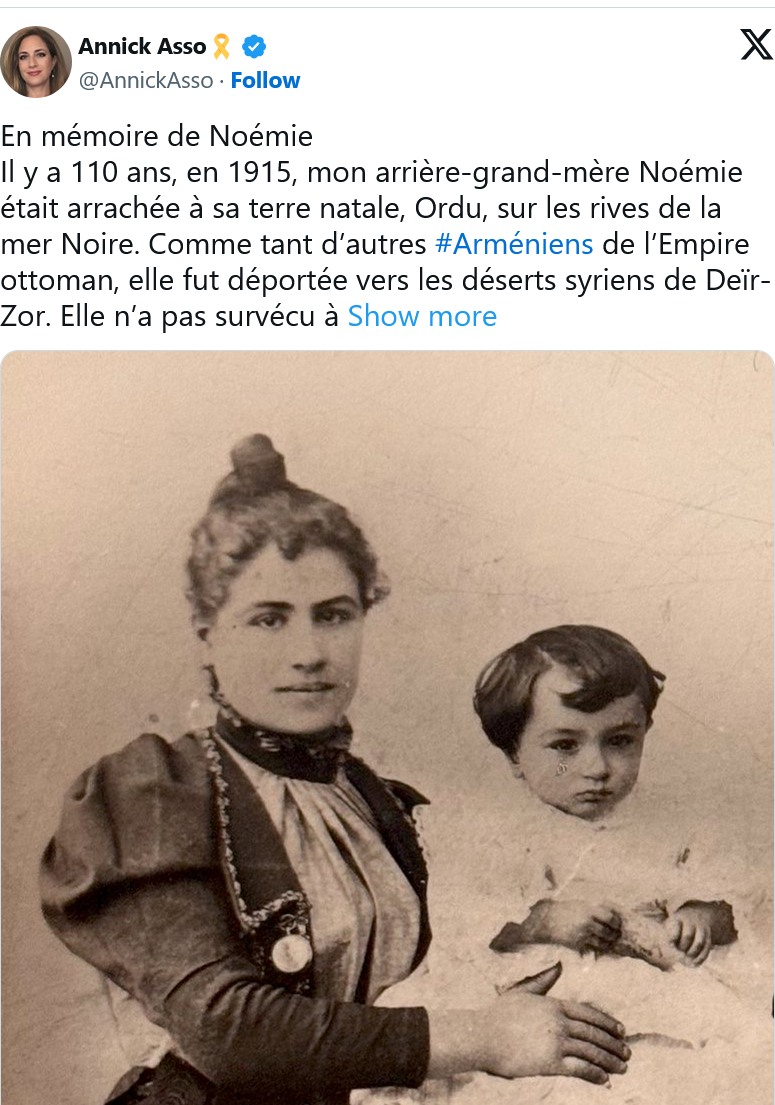 A. Asso : Il y a 110 ans, en 1915, mon arrière-grand-mère Noémie était arrachée à sa terre natale, Ordu