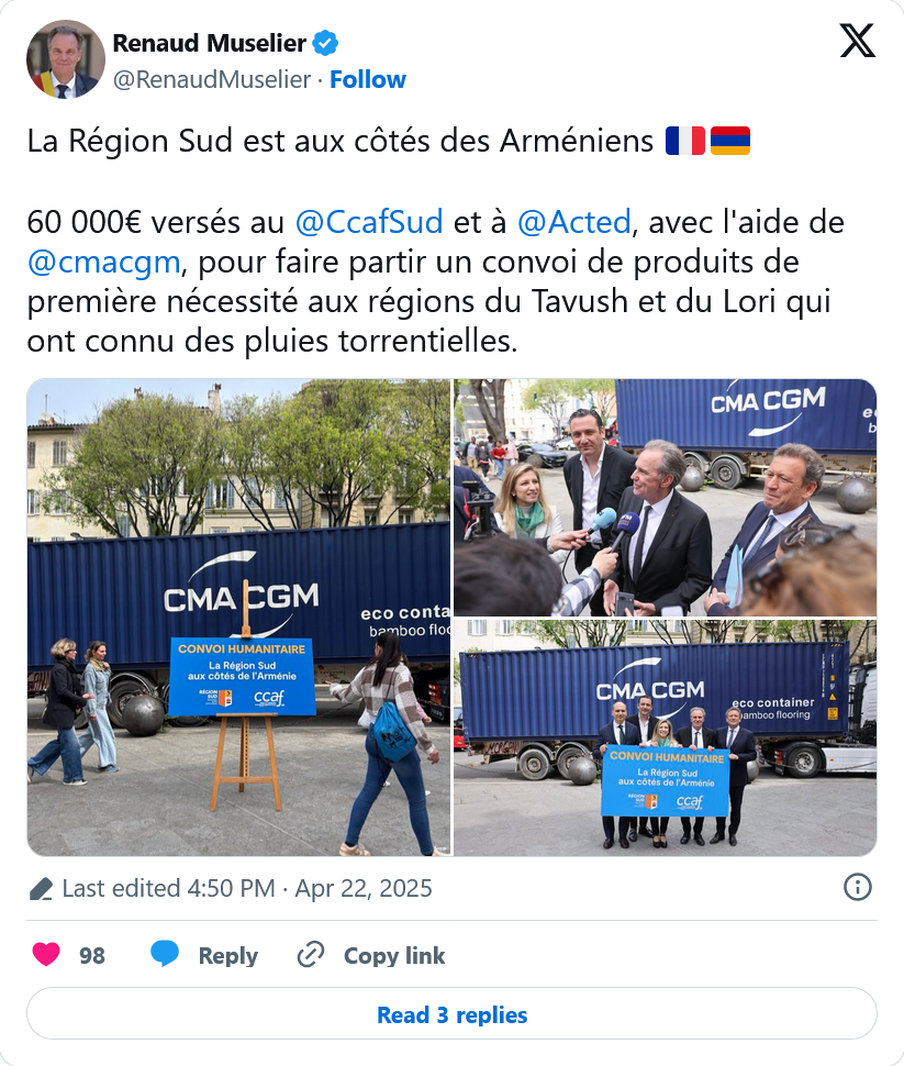 Renaud Muselier : La Région Sud est aux côtés des Arméniens 🇫🇷🇦🇲