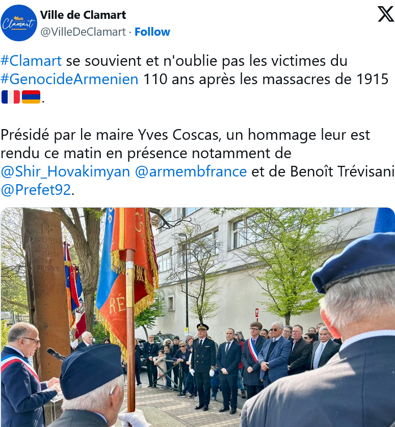 Ville de Clamart : #GenocideArmenien 110 ans après les massacres de 1915 🇫🇷🇦🇲
