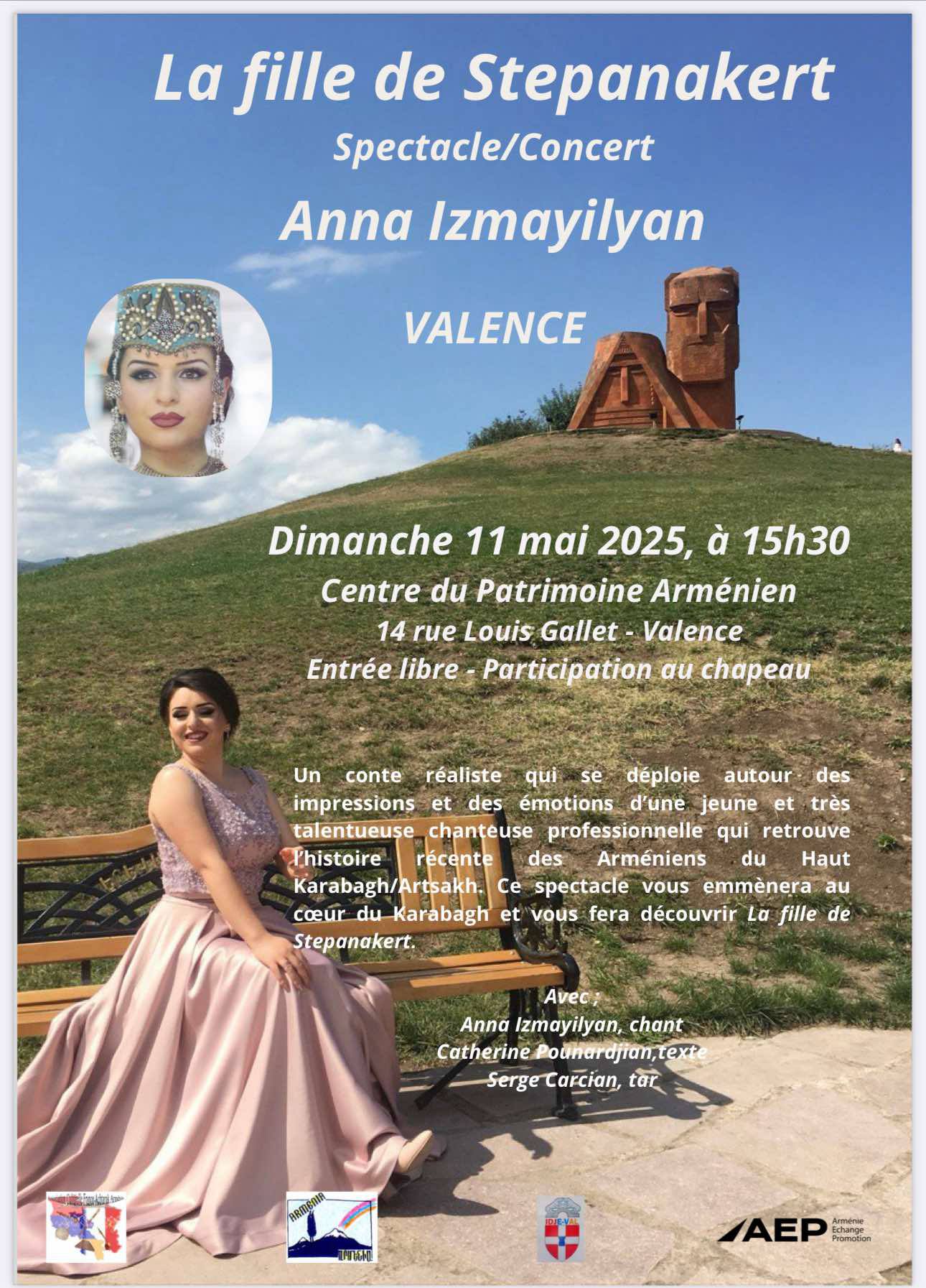 Spectacle « La fille de Stepanakert » avec la chanteuse de l’Artsakh Anna Izmayilyan dimanche 11 mai 15h30 à l’auditorium du Centre du Patrimoine arménien de Valence
