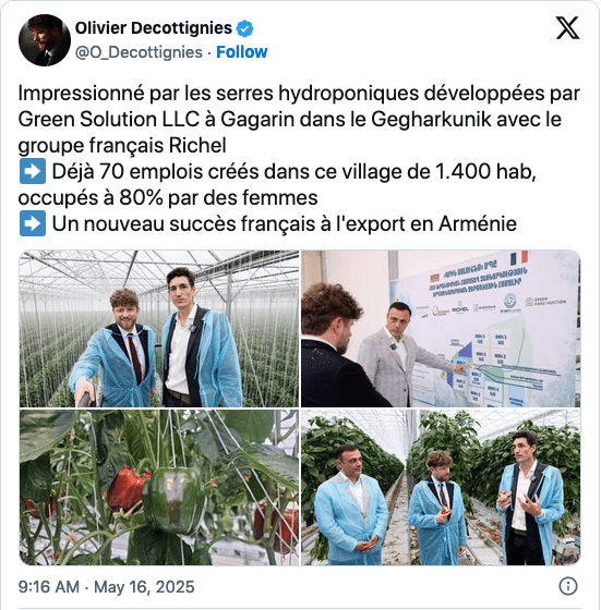 O. Decottignies : Impressionné par les serres hydroponiques développées par Green Solution LLC à Gagarin dans le Gegharkunik avec le groupe français Richel