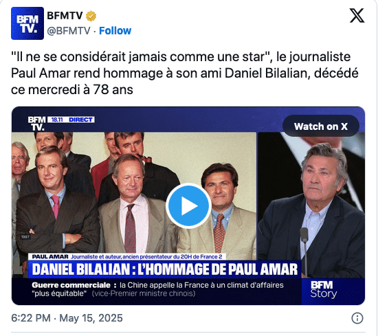 BFMTV : Paul Amar rend hommage à son ami Daniel Bilalian