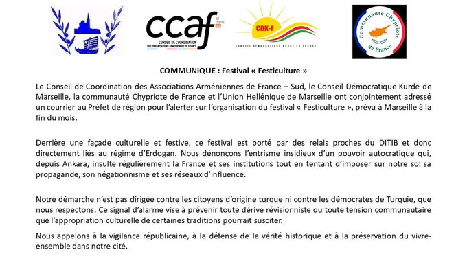 Festiculture : le CCAF-Sud, le CDK-F de Marseille, les Chypriotes de France et l’Union Hellénique alertent le Préfet