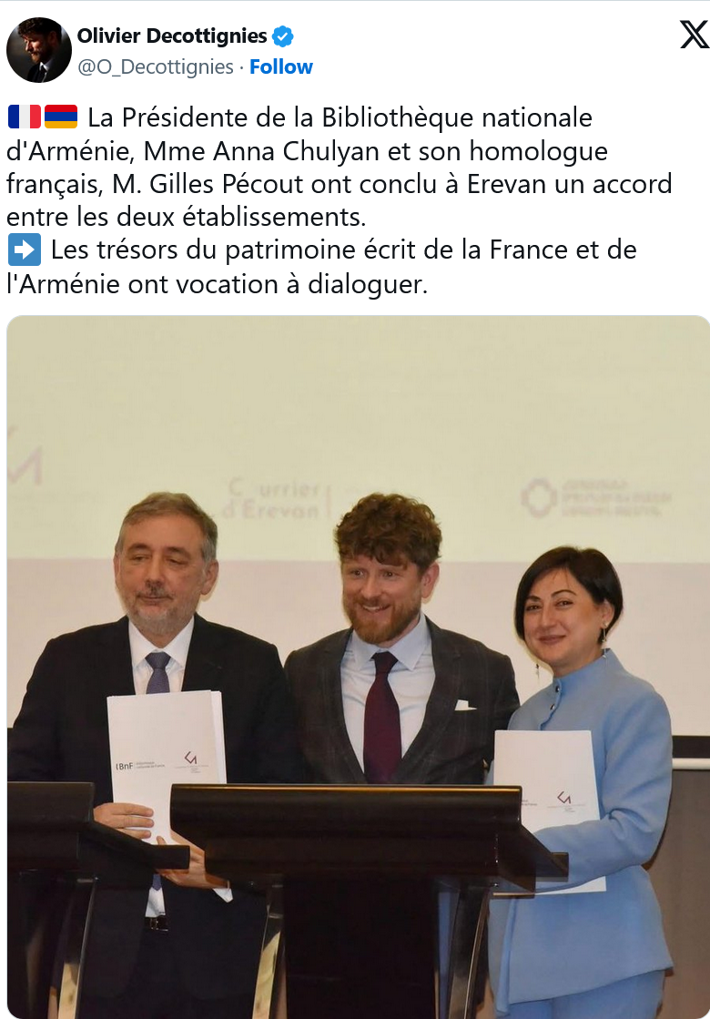 O. Decottignies : Les trésors du patrimoine écrit de la France et de l&rsquo;Arménie ont vocation à dialoguer
