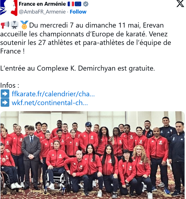 Ambassade de France : Erevan accueille les championnats d’Europe de karaté