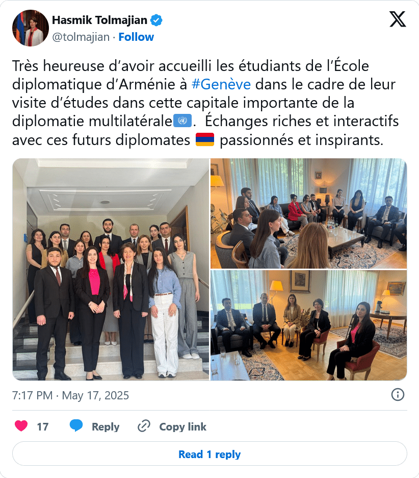 H. Tolmajian : Très heureuse d’avoir accueilli les étudiants de l’École diplomatique d’Arménie à #Genève