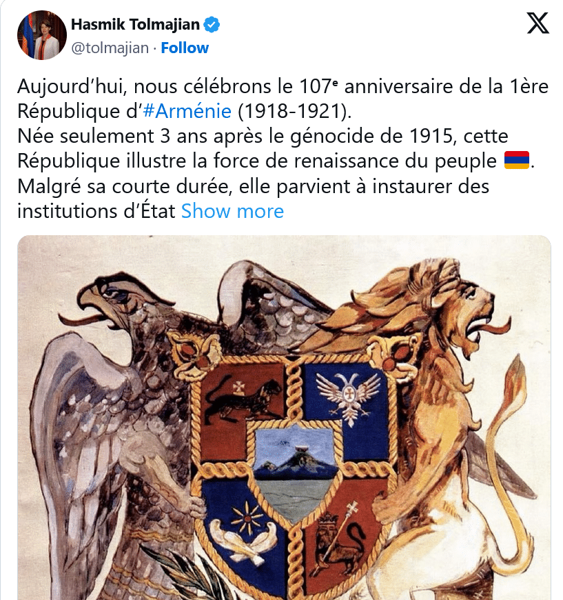 H. Tolmajian : Nous célébrons le 107ᵉ anniversaire de la 1ère République d’#Arménie (1918-1921).