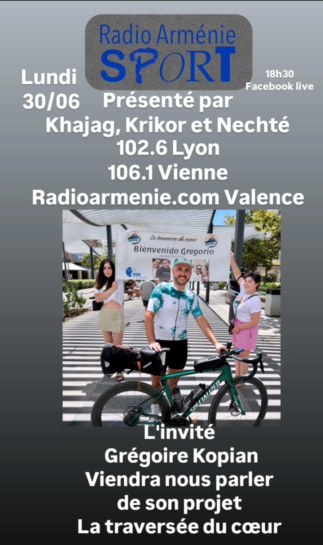 Grégoire Kopian sera l’invité de l’émission Sport de Radio Arménie lundi 30 juin, il présentera le projet « la traversée du cœur » pour aider son frère atteint d’une tumeur au cerveau