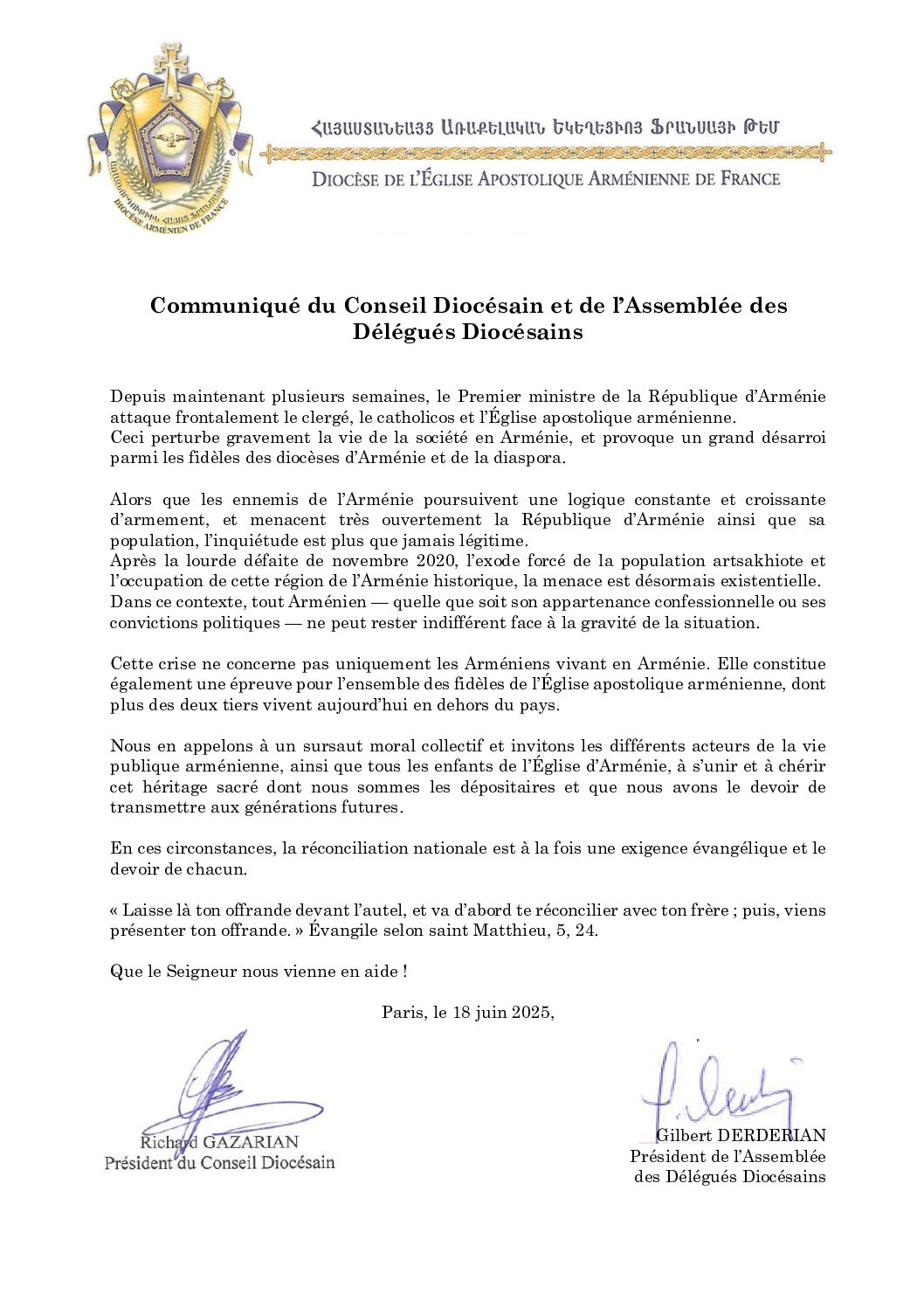 Communiqué du Conseil Diocésain et de l&rsquo;Assemblée des Délégués Diocésains