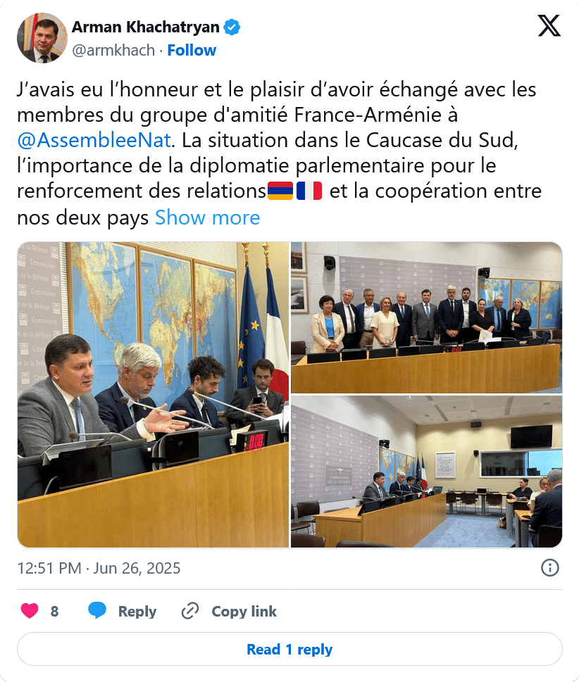 Arman Khachatryan : l’honneur et le plaisir d’avoir échangé avec les membres du groupe d&rsquo;amitié France-Arménie à @AssembleeNat