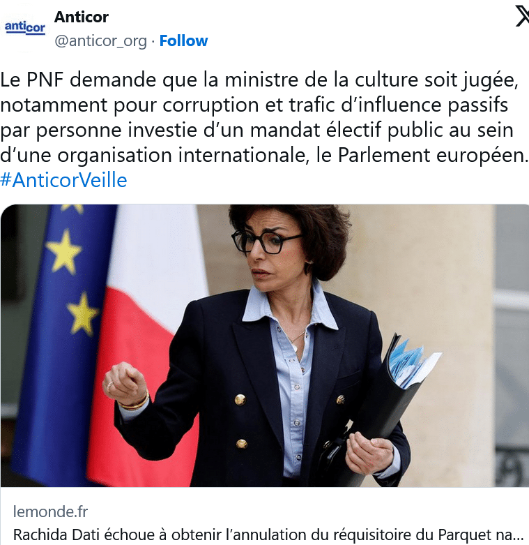 Anticor : Le PNF demande que la ministre de la culture soit jugée