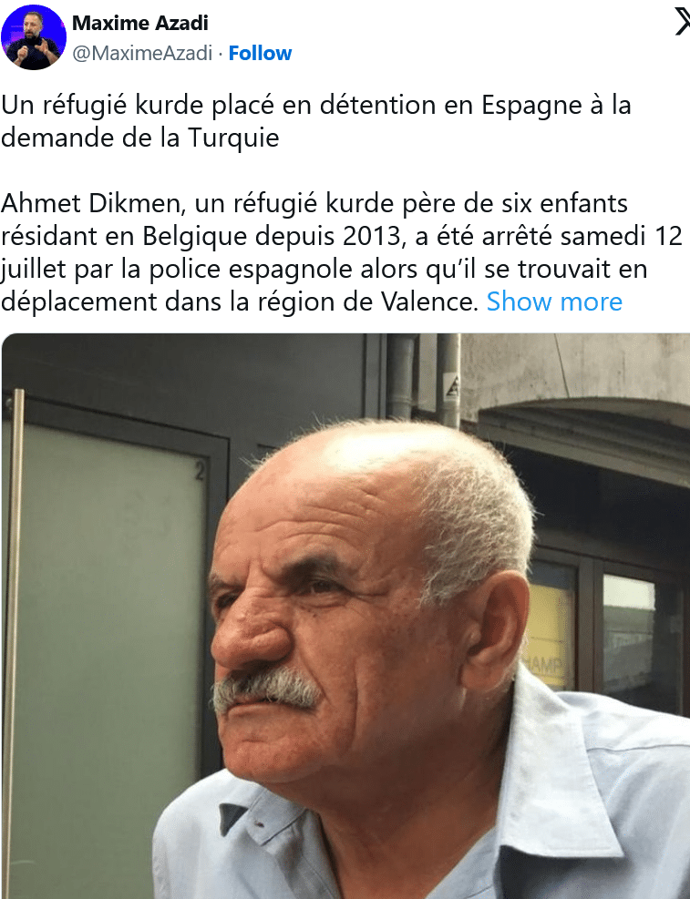 Maxime Azadi : Un réfugié kurde placé en détention en Espagne à la demande de la Turquie