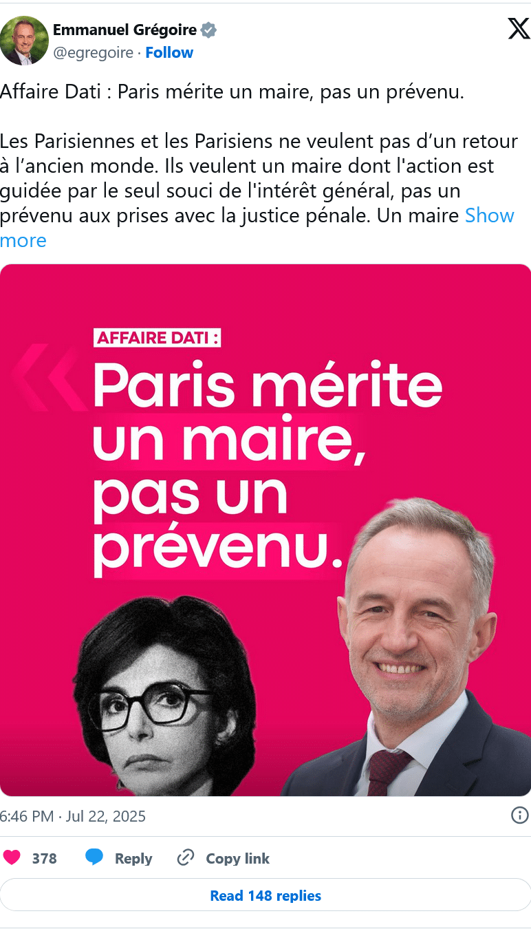 Emmanuel Grégoire : Affaire Dati, Paris mérite un maire, pas un prévenu