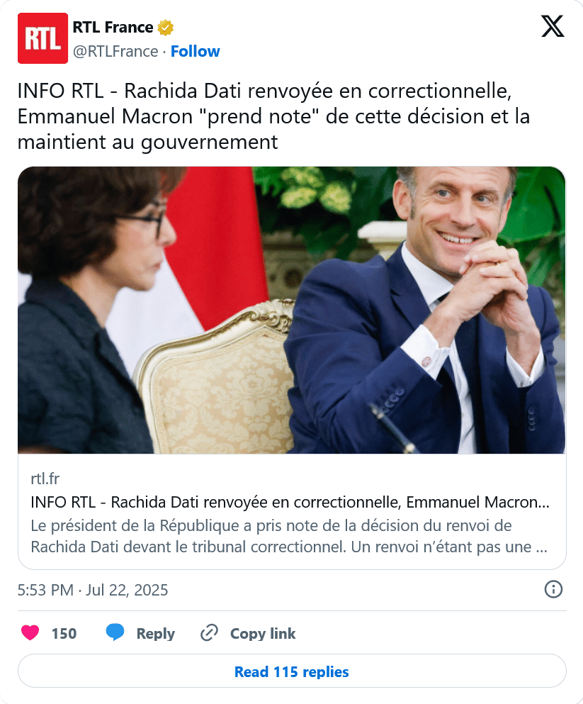 RTL : Rachida Dati renvoyée en correctionnelle