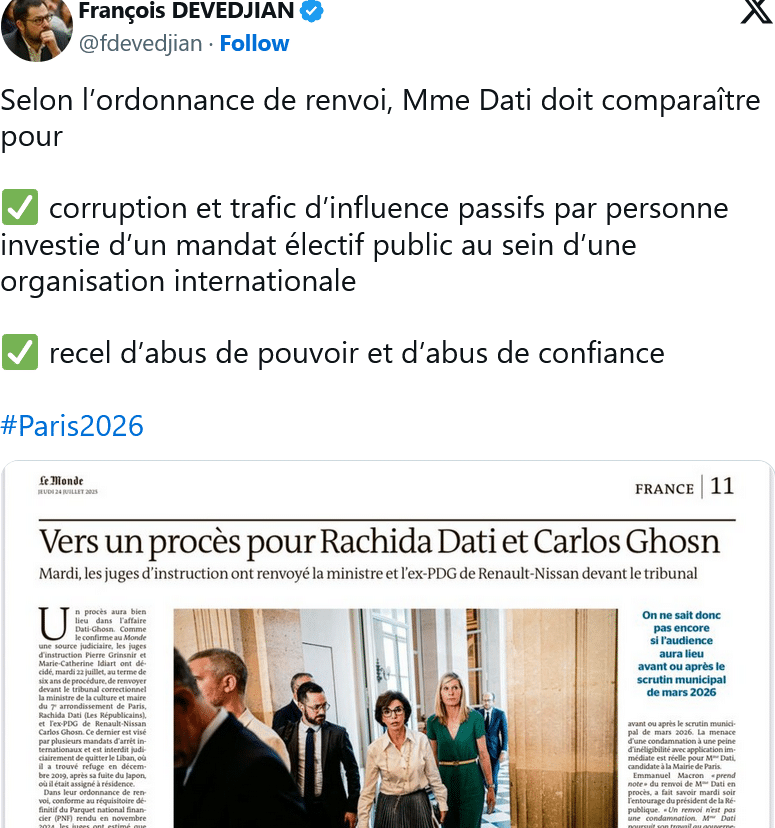 F. Devedjian : Selon l’ordonnance de renvoi, Mme Dati doit comparaître