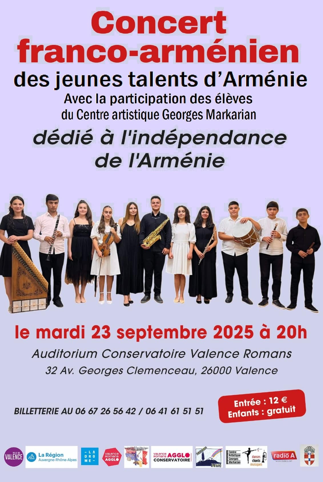 Concert de jeunes talents d’Arménie à Valence le 23 Septembre dédié à l’Indépendance de l’Arménie