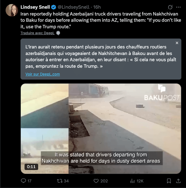 Lindsey Snell : L&rsquo;Iran aurait retenu pendant plusieurs jours des chauffeurs routiers azerbaïdjanais