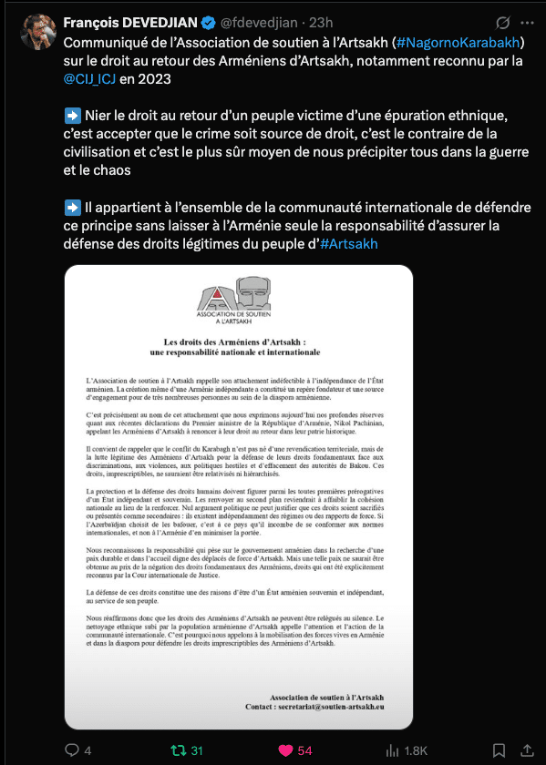 François Devedjian : Nier le droit au retour d’un peuple victime d’une épuration ethnique, c’est accepter que le crime soit source de droit