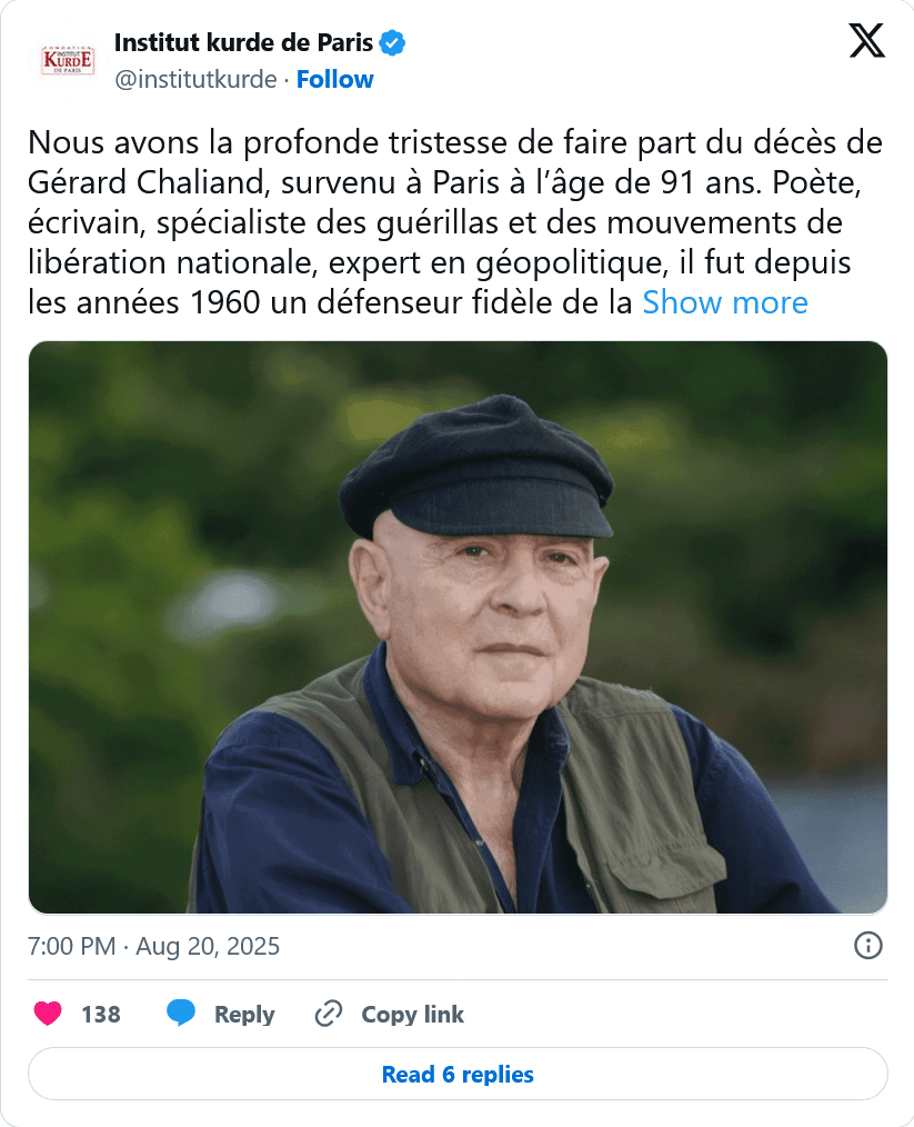 Institut kurde : Nous saluons avec respect et reconnaissance sa mémoire