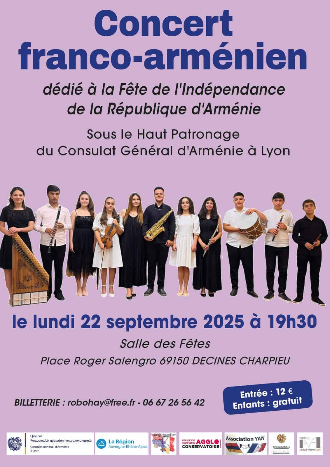 Concert franco-arménien dédié à la Fête de l’Indépendance de la République d’Arménie à Décines lundi 22 septembre (19h30) à la Salle des Fêtes de Décines