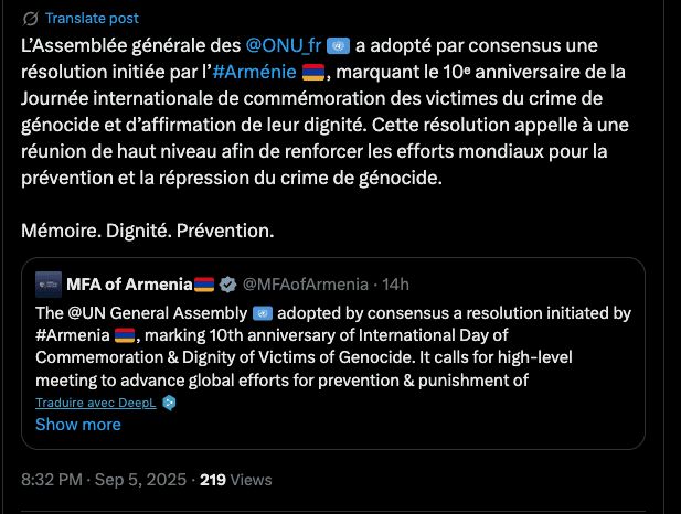 Ambassade d&rsquo;Arménie : 10ᵉ anniversaire de la Journée internationale de commémoration des victimes du crime de génocide