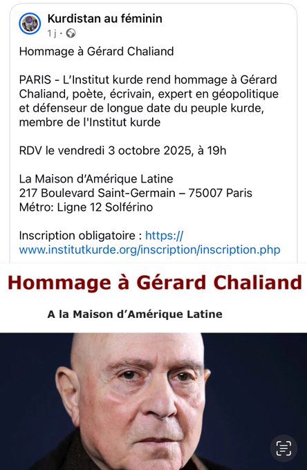 Collectif Van : hommage à Gérard Chaliand par l&rsquo;institut kurde le 3 octobre.