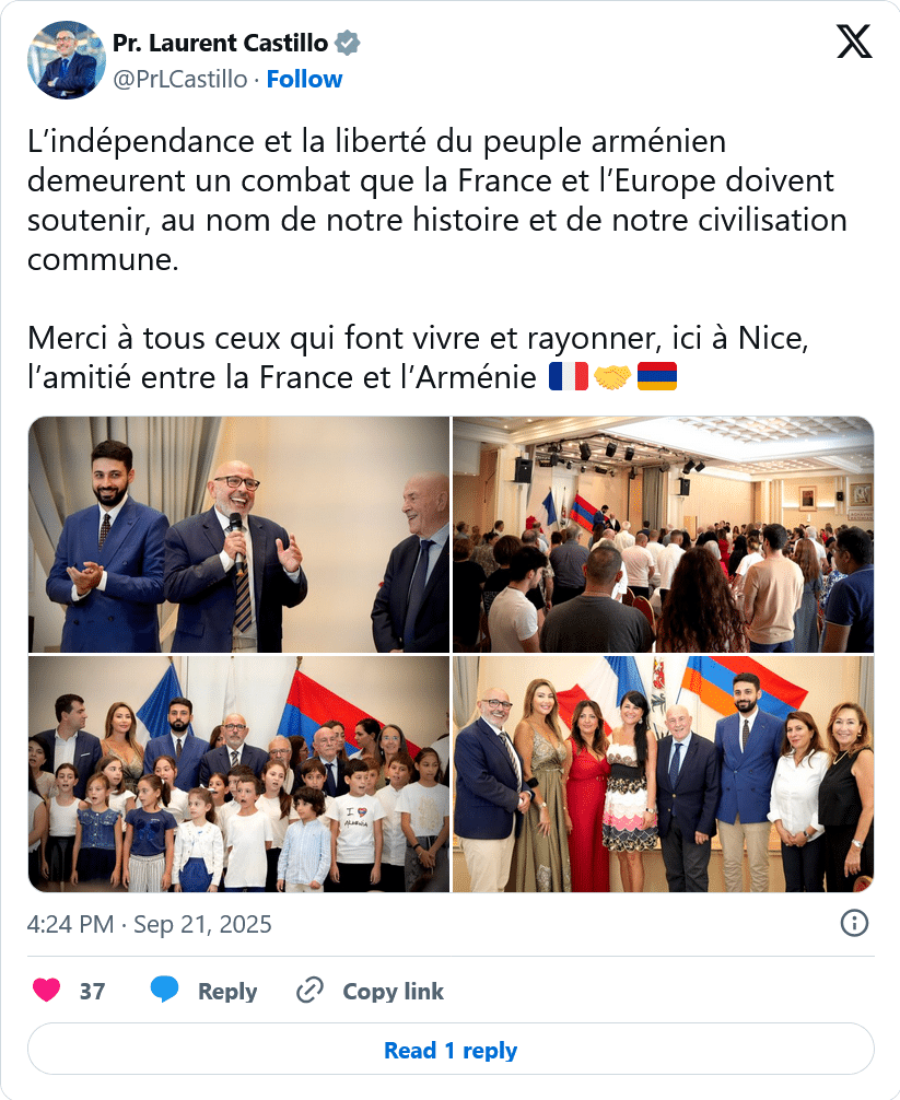 Pr. L. Castillo : Merci à tous ceux qui font vivre et rayonner, ici à Nice, l’amitié entre la France et l’Arménie