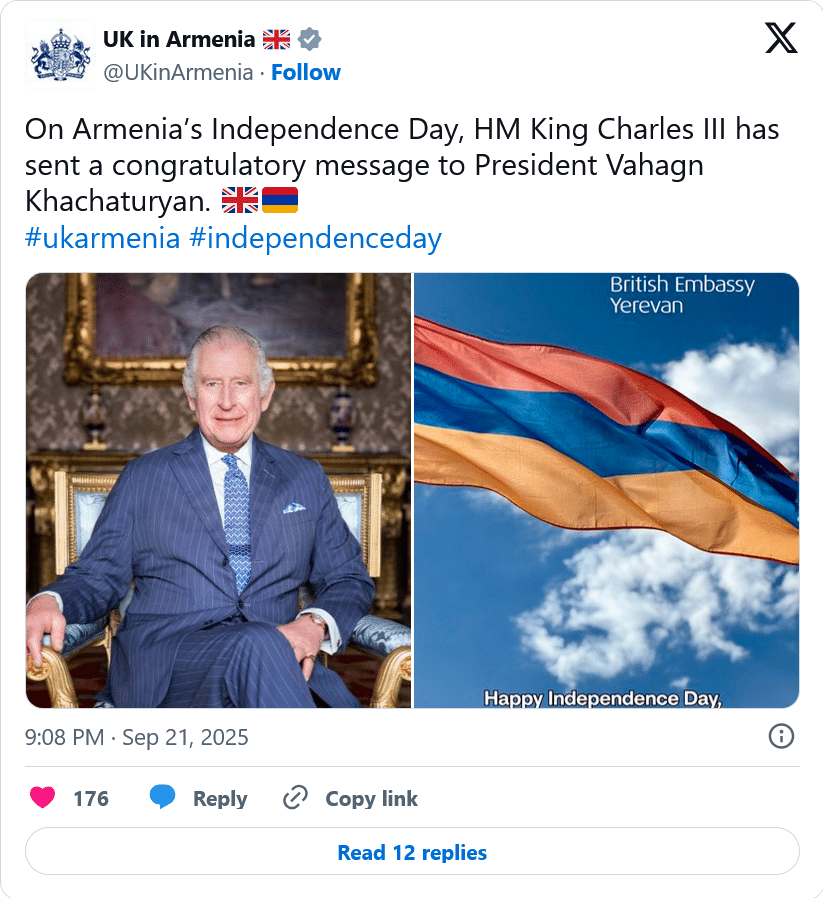 UK in Armenia : les voeux du roi Charles