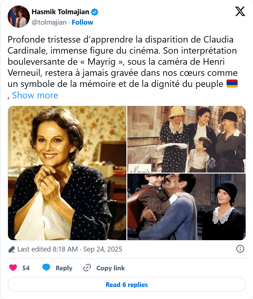 H. Tolmajian : Profonde tristesse d’apprendre la disparition de Claudia Cardinale