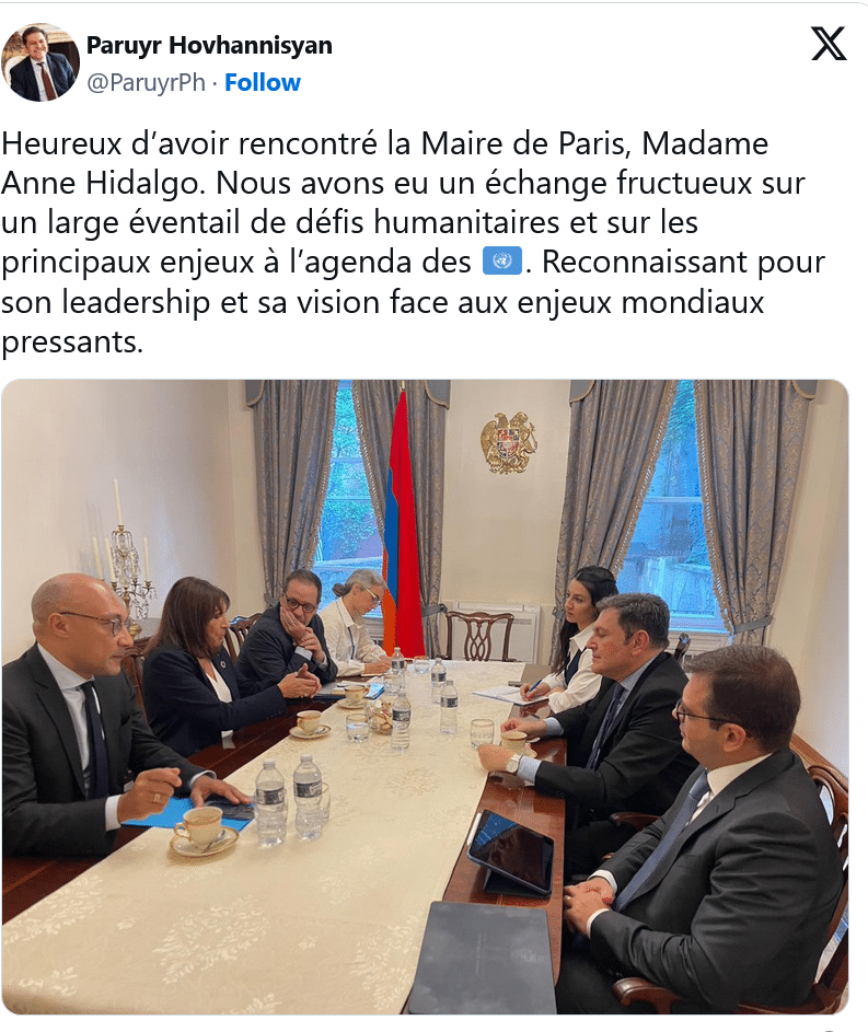 Paruyr Hovhannisyan : Heureux d’avoir rencontré la Maire de Paris, Madame Anne Hidalgo