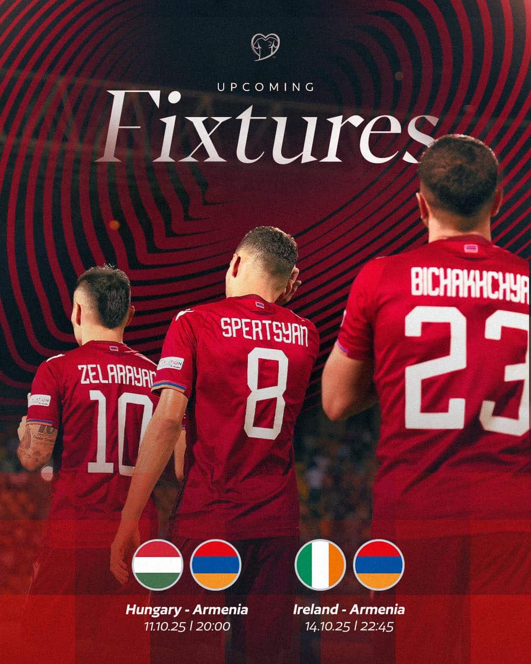 L&rsquo;équipe nationale d’Arménie de football affrontera la Hongrie ce samedi 11 octobre à Budapest puis l’Irlande à Dublin mardi 14 octobre, rencontres des éliminatoires de la Coupe du Monde 2026