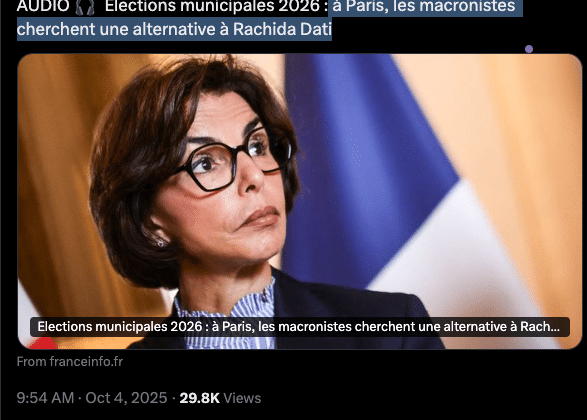 France-info :  à Paris, les macronistes cherchent une alternative à Rachida Dati