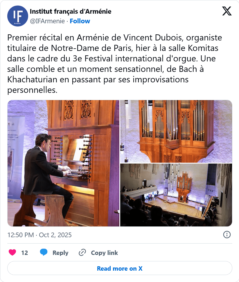 Institut français d’Arménie : Premier récital en Arménie de Vincent Dubois, organiste titulaire de Notre-Dame de Paris
