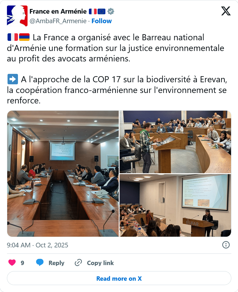 France en Arménie : formation sur la justice environnementale au profit des avocats arméniens