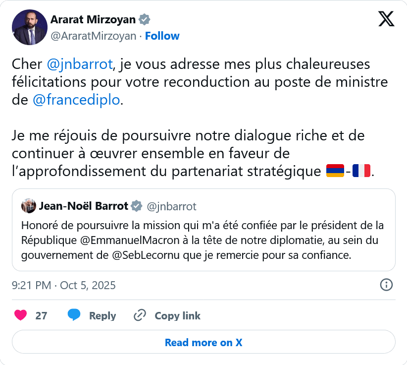Ambassade d&rsquo;Arménie : les félicitations de A. Mirzoyan à J.N. Barrot