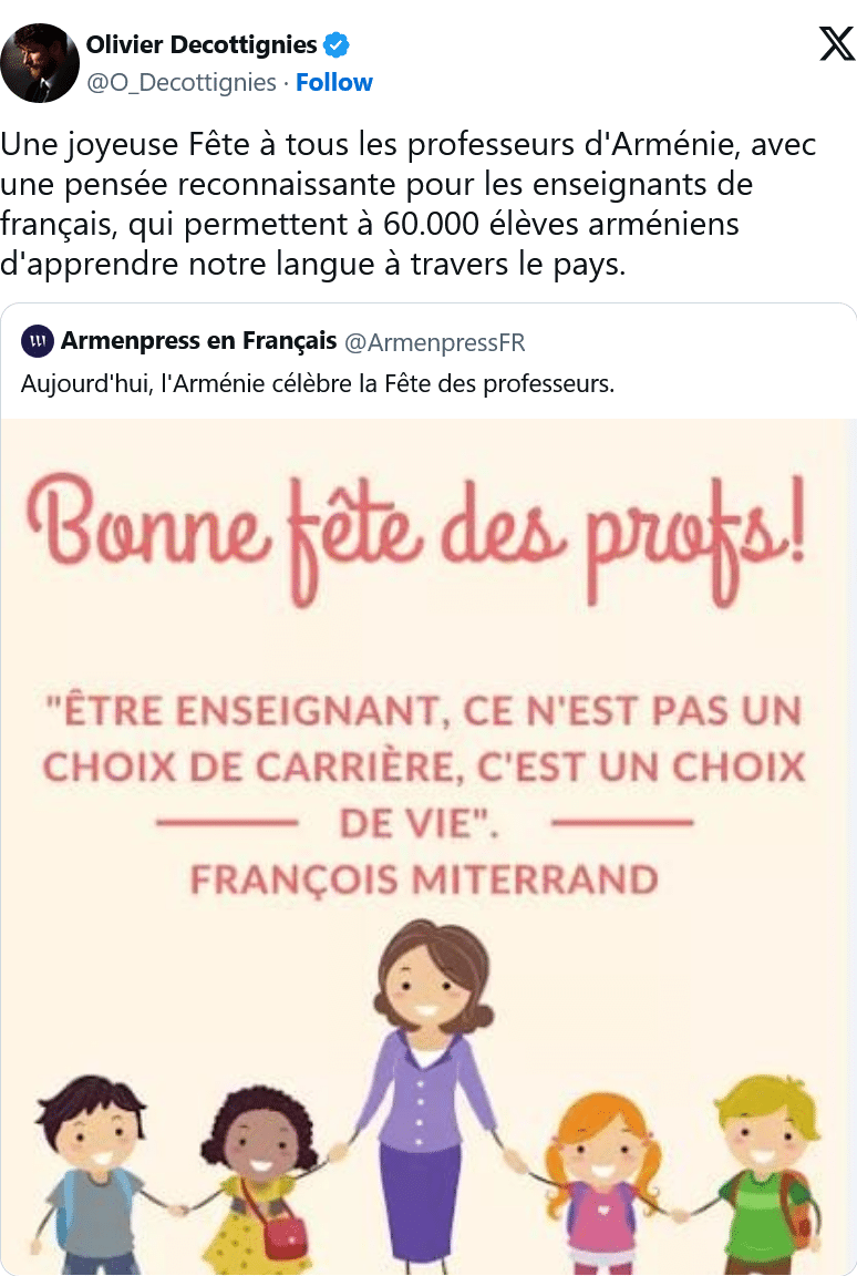 O. Decottignies : Une joyeuse Fête à tous les professeurs d&rsquo;Arménie