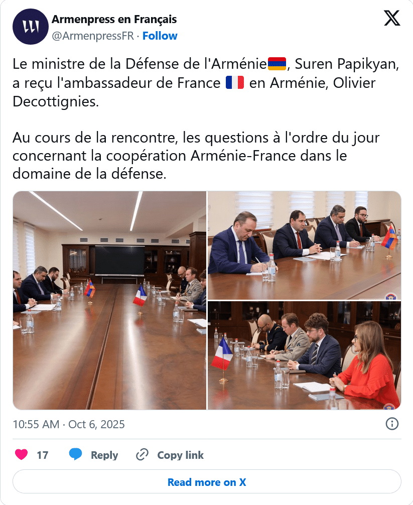 Armenpress : Le ministre de la Défense de l&rsquo;Arménie a reçu l&rsquo;ambassadeur de France