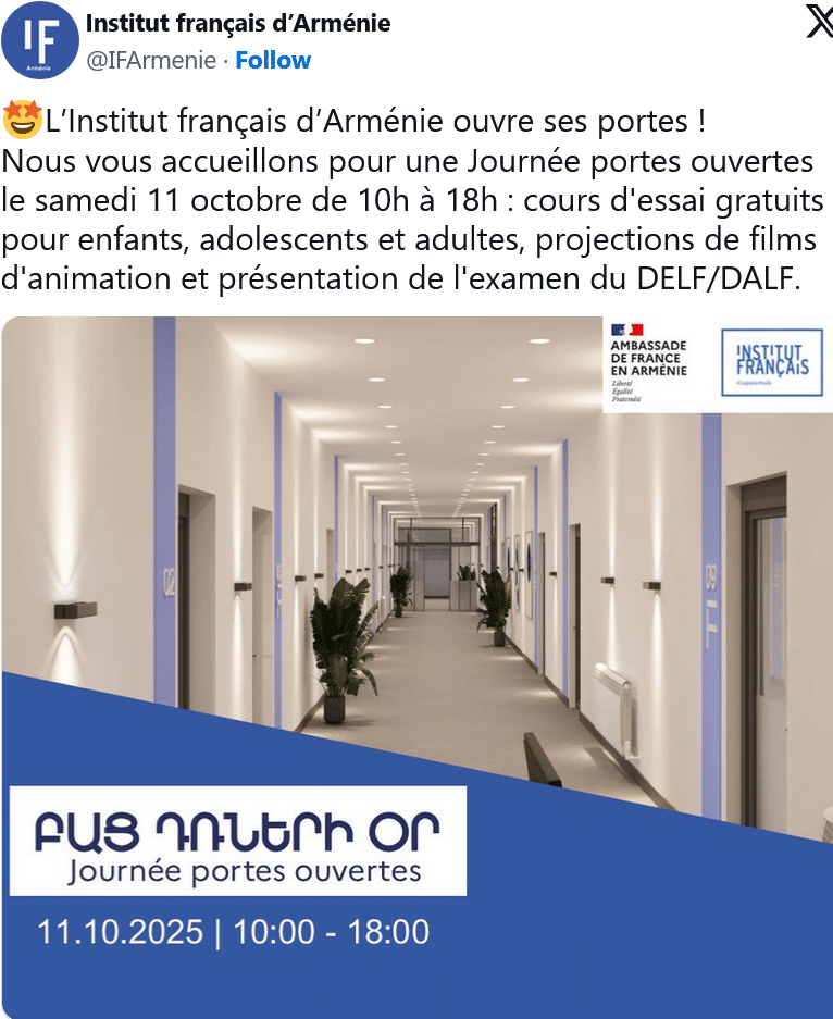Institut français d’Arménie : journée portes ouvertes le 11 octobre